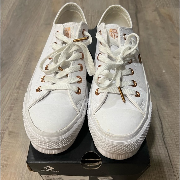 Converse Faux Leather White Platform All Stars with Rose Gold Metal - Picture 2 of 6